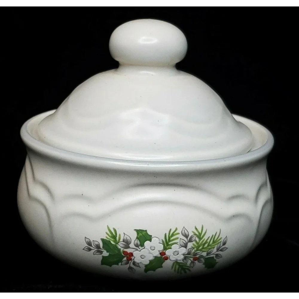 Pfaltzgraff Christmas Heirloom Sugar Bowl Creamer Stoneware Holiday 024 USA Vtg